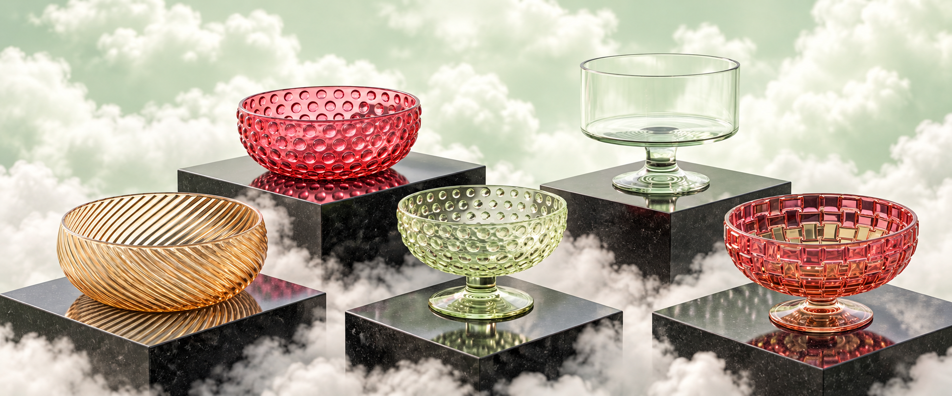 Five glass bowls on polished black plinths