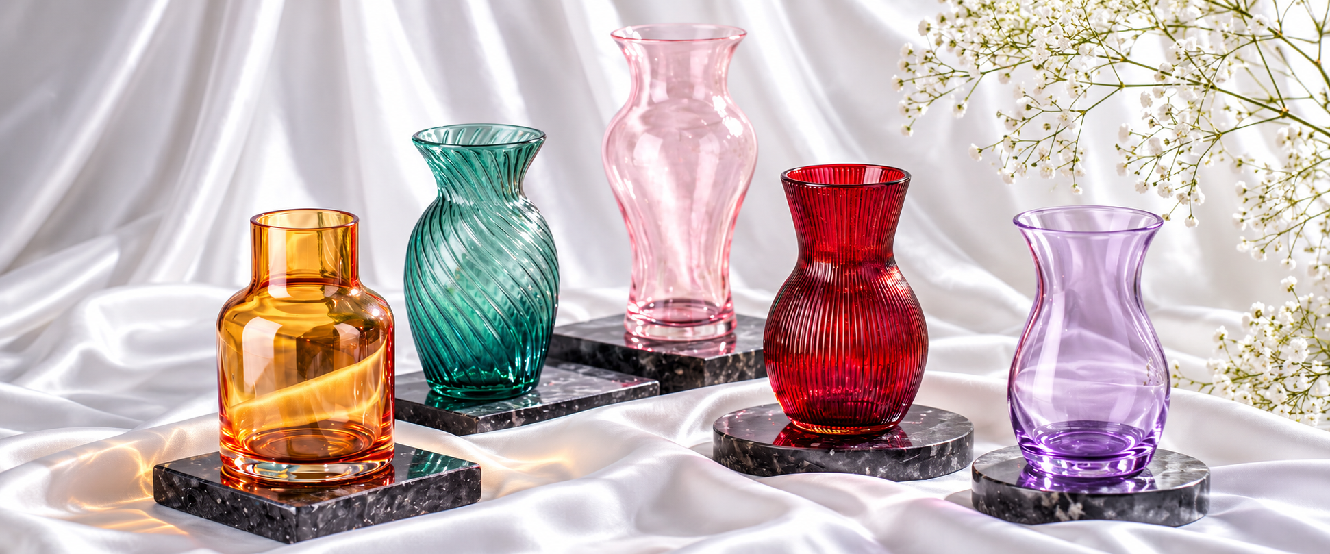 Panoramic collection of luminous glass vases