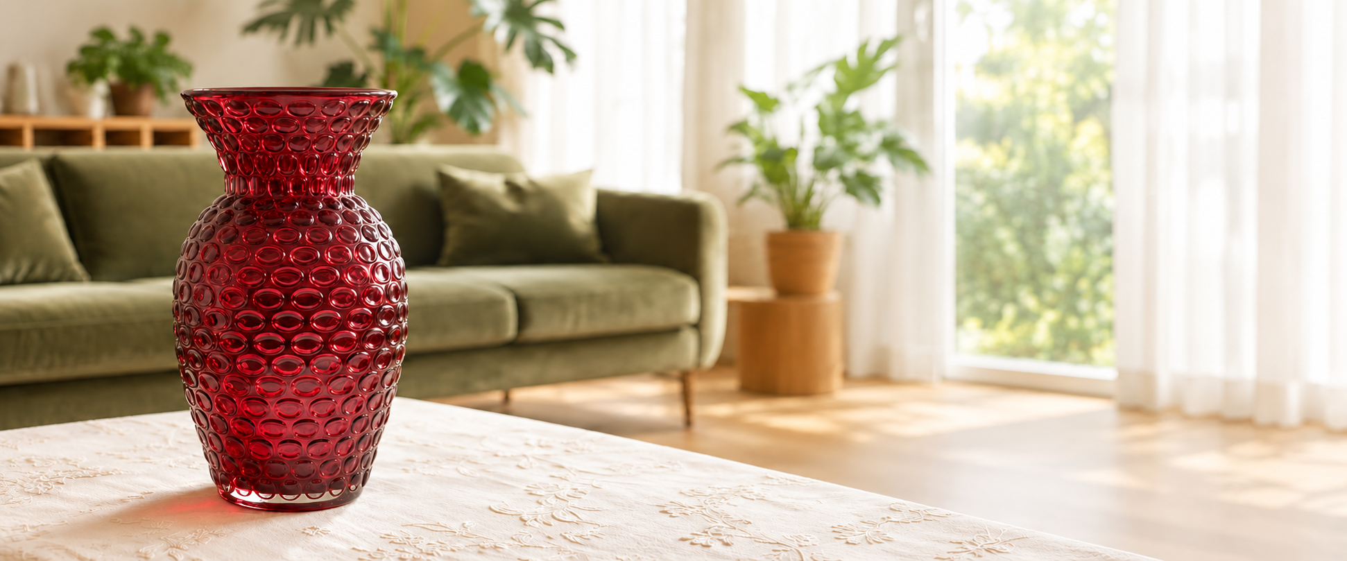 Red Vase in a Sunlit Living Room
